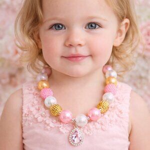 Chunky Beaded Statement Necklace Pink Gold Pearl Rhinestone Teardrop Pendant